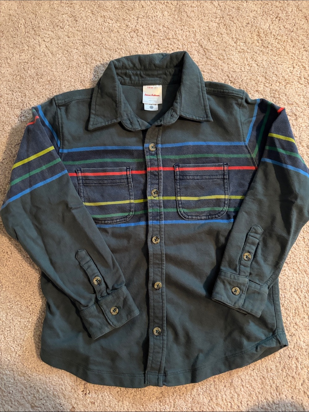 Hanna Andersson Olive Green Long-Sleeve Button-Down with Multicolor Stripes